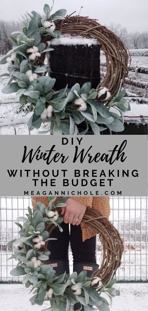 wintery wreath with a snowy background January Wreath, Diy Winter Wreath, Wreaths Winter, Budget Christmas, Winter Wreath Diy, Winter Decorations Diy, Diy Winter, Door Wreaths Diy, Face Washing