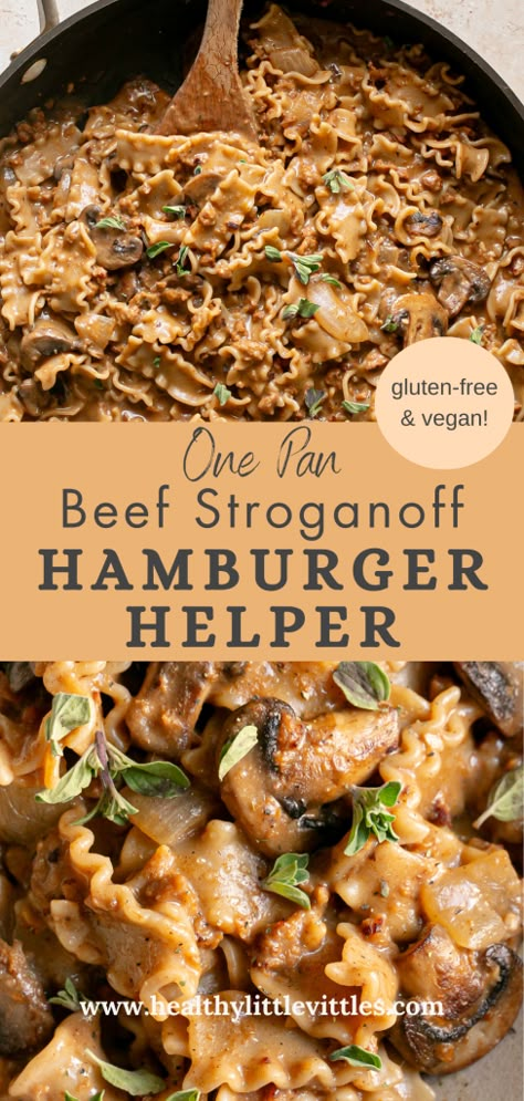 This made-from-scratch Homemade One Pan Vegan Beef Stroganoff Hamburger Helper recipe features sautéed onions, garlic, mushrooms, and plant-based ground "beef" simmered in a dairy-free creamy broth and then combined with gluten-free noodles for an easy, savory weeknight pasta dinner. Plant Based Stroganoff, Cheap Dinners For A Family Dairy Free, Dinner Ideas With Ground Beef Gluten Free, One Pan Gluten Free Dinner, Gluten Free Recipes With Hamburger Meat, Dairy Free Recipes With Ground Beef, Non Dairy Beef Stroganoff, Non Dairy Ground Beef Recipes, Dairy Free Ground Beef Stroganoff