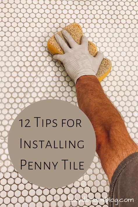 Grouting a white penny tile floor Penny Round Tiles Bathroom Floor, Penny Tile Bathtub, Coin Tile Bathroom, Laundry Room Penny Tile Floor, Shower With Penny Tile Accent, Mosaic Penny Tile Floor, Penny Round Tile Backsplash, Penny Tile Tub Surround, Penny Tile With Colored Grout