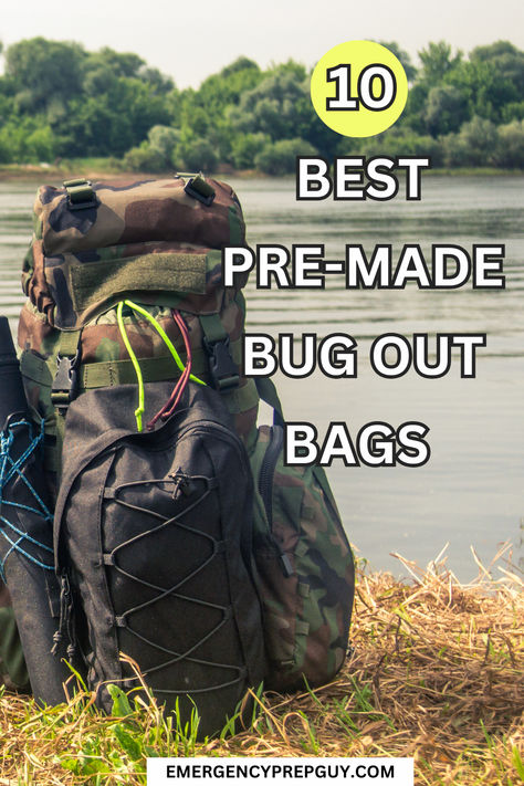 A camo and black survival backpack set on the grass near a river, representing pre-made bug out bags for emergency preparedness. Bug Out Bags For Families, Bug Out Bag List, Bug Out Bag Essentials, Best Bug Out Bag, Bushcraft Backpack, Survival Preparedness, Bug Out Bag Checklist, Survival Essentials, Everyday Carry Bag