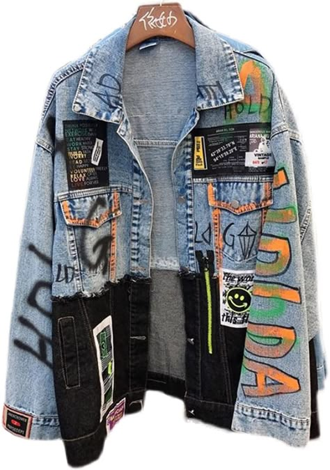 Amazon.com: Jeans Jacket Women Streetwear Fashion Spliced Graffiti Print Denim Pocket Lapel Loose Patchwork Hip Hop Coat,Blue,M : Everything Else Patch Work Jean Jacket, Graffiti Jean Jacket, Streetwear Denim Jacket, Patchwork Jeans Jacket, Jean Jacket Customized, Jean Jacket Custom, Custom Jean Jacket Diy, Diy Jean Jacket Ideas, Custom Clothes Ideas