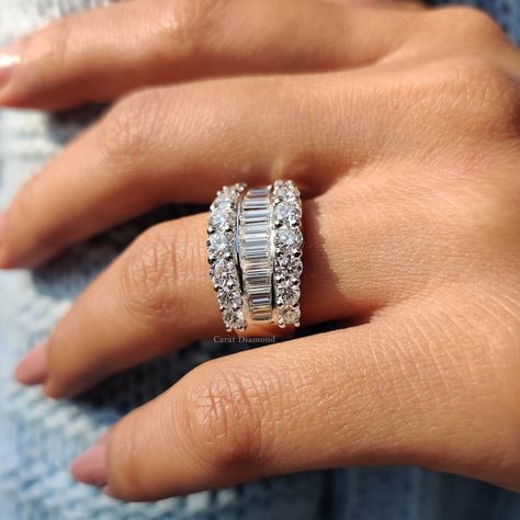 Three Row Pave Band Baguette & Round Moissanite Half Eternity - Etsy Guernsey Wide Diamond Wedding Bands, Anniversary Bands For Her, Renew Vows, Fav Products, Gorgeous Rings, Bridal Ideas, Stackable Wedding Bands, Ring Styles, Diamond Jewel