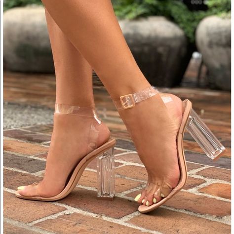 Hey Girlies!  These Lovely Pair Of Fashion Nova Heels Were Worn Only Twice. Hoco Shoes, Black School Shoes, Mens Brown Dress Shoes, Birthday Shoes, Glass Heels, Hak Tinggi, Clear High Heels, Heels Aesthetic, Transparent Heels