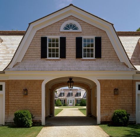 Gambrel Roof with pass-thru Patrick Ahearn Architect, Patrick Ahearn, Coastal Entryway, Gambrel Roof, Exterior Inspiration, Porte Cochere, Coastal Bathrooms, Coastal Living Room, Coastal Cottage