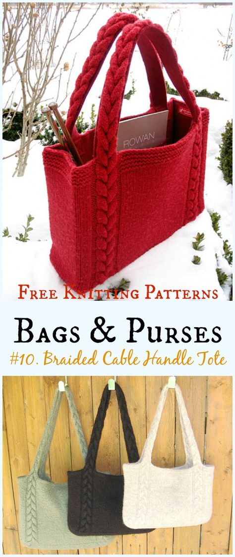 Braided Cable Handle Tote Bag Free Knitting Pattern - #Bags & Purses Free #Knitting Patterns Knitting Tote Bag Pattern, Purse Patterns Free, Tote Crochet, Knitting Bag Pattern, Knit Purse, Knitting Tote Bag, Knitting Tote, Bag Pattern Free, Knitting Project Bag