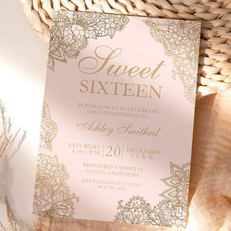 Blush Pink Gold Floral Elegant Sweet Sixteen Invitation #zazzle #weddinginvitations #birthdayinvitations #babyshowerinvitations #zazzleinvitations #monogram #businesscards #graduation #homedecor Pink And Gold Sweet 16 Centerpieces, Sweet Sixteen Invitation Ideas, Pink And White Sweet 16, Champagne Sweet 16, Pink Sweet 16 Invitations, 16th Birthday Dinner, Sweet 16 Invitation Ideas, Sweet Sixteen Pink, Pink And Gold Invitation