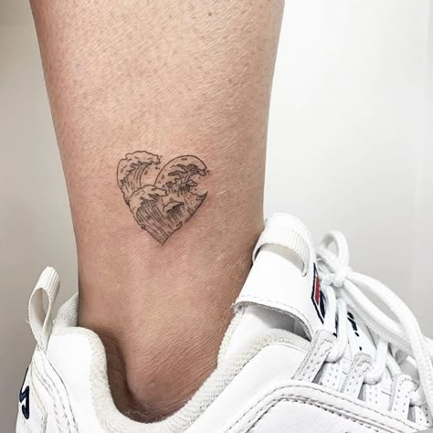 Wave And Heart Tattoo, Wave With Heart Tattoo, Heart Waves Tattoo, Heart And Ocean Tattoo, Wave Heart Tattoo, Heart Wave Tattoo, Ocean Wave Memorial Tattoo, Ocean Heart Tattoo, Heart Wave Tattoo The Ocean