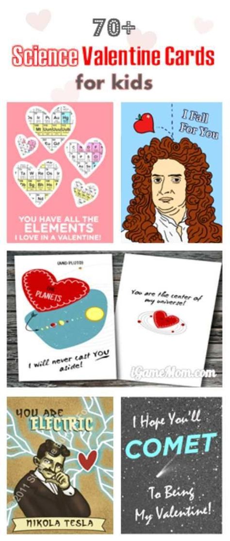 Science Valentine cards for kids, with cool pictures and catchy lines, science and scientists of physics, chemistry, animals, biology, … Fun printable Valentine cards for class Valentine exchange. #STEMforKids #Science #Valentine #Kids #ScienceValentine #ValentineCard #iGameMomSTEM #ScienceForKids #ValentinesDay Valentine Cards Kids, Catchy Lines, Weird Valentines, Science Valentines, Valentine Cards For Kids, Learn Physics, Learn Science, Steam Learning, Homeschool Board