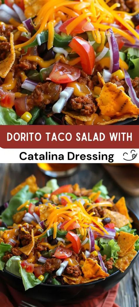 Dorito Taco Salad with Catalina Dressing Recipe Dorito Taco Salad With Catalina Dressing Ground Beef, Taco Salad Catalina Dressing, Catalina Taco Salad, Dorito Salad, Taco Salad With Catalina Dressing, Catalina Dressing Recipes, Dorito Taco Salad, Dorito Taco Salad Recipe, Dorito Taco