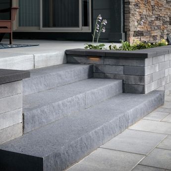 Widening Front Steps, Front Door Steps Ideas Entrance Stairs Modern, Sandy Landscape Ideas, Stair Outside House, Back Door Steps To Patio With Landing, Modern Front Steps Entrance, Exterior Steps With Landing, Stone Steps Front Door Entryway, Front Landing Ideas