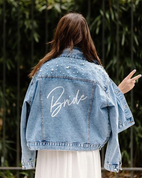 Bride Jean Jacket, Style Examples, Custom Jean Jacket, Bride Jacket, Diy Denim Jacket, Custom Denim Jacket, Show Jackets, Bridal Shower Diy, Bridal Jacket