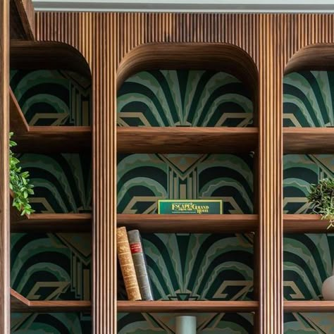 Art Deco Organic Modern, Subtle Art Deco Interior, Traditional Art Deco Interior, Curved Bookshelf Wall, Art Deco Inspired Furniture, Avant Garde Decor Interior Design, Art Deco Book Shelf, Art Deco Bookshelves, Art Deco Built In Bookcase