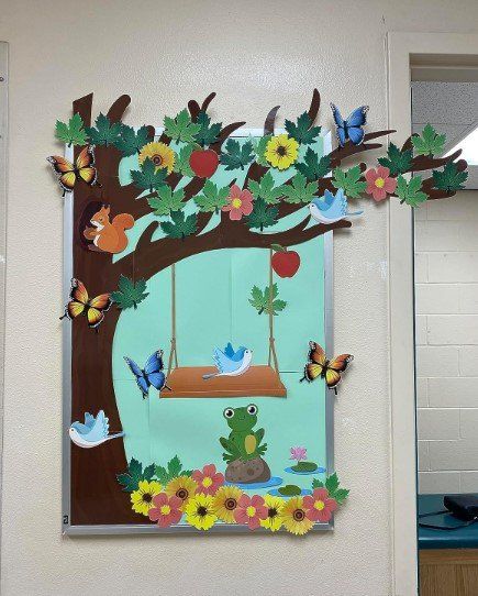 Spring Tree Bulletin Boards 3 Classroom Trees Ideas, Spring Tree Bulletin Board Ideas, Spring Season Decoration Ideas, Nature Bulletin Boards Preschool, Theme For Classroom Decorating, Garden Theme Classroom Door, Classroom Spring Decor, Seasons Bulletin Board Ideas, Spring Bulletin Board Ideas For Toddlers