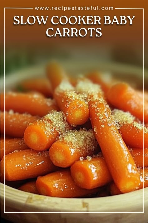 These Slow Cooker Baby Carrots with Honey and Brown Sugar are a sweet and savory side dish that requires minimal effort and delivers maximum flavor. The carrots are cooked to perfection with a sticky glaze made of honey, brown sugar, and cinnamon, creating a mouthwatering dish that’s perfect for any meal. Baby Carrot Crock Pot Recipe, Carrot In Crock Pot, Slow Cook Carrots, Crock Pot Carrots Brown Sugar, Crock Pot Candied Carrots, Sweet Carrots Crockpot, Carrot Brown Sugar Recipe, Carrots Crockpot Brown Sugar, Brown Sugar Crockpot Carrots