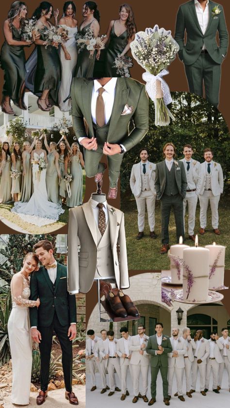 Wedding Groom Green Suit, Beige And Sage Suits Wedding, Green Groom Beige Groomsmen, Light Green Groomsmen Suits, Green Suit Wedding Groomsmen, Groomsmen Ideas Attire, Camo Groomsmen Attire, Olive And Tan Wedding, Groomsmen Attire Dark Green