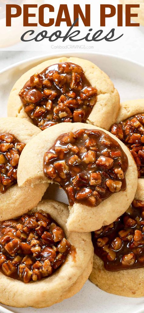 Fisher Pecan Pie Cookies, Pecan Pie Cookies Recipe, Pie Cookies Recipe, Thumbprint Cookie, Pecan Pie Cookies, Pecan Desserts, Pecan Pie Filling, Dessert Cookies, Dessert Board