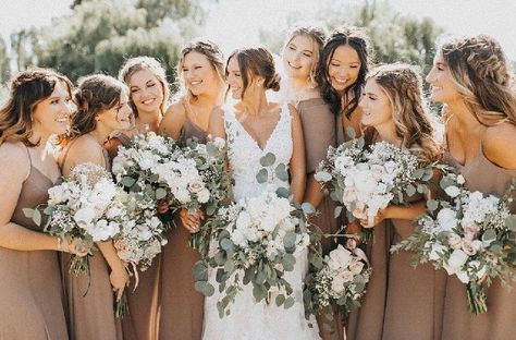 taupe bridesmaid dresses and greenery wedding bouquet Taupe Fall Wedding, Taupe Wedding Colors, Taupe Bridesmaid, Taupe Wedding, Greenery Wedding Bouquet, Taupe Bridesmaid Dresses, Neutral Bridesmaid Dresses, Wedding Color Ideas, Stunning Bridesmaid Dresses