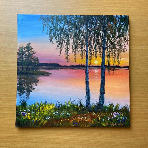 Best Landscape Paintings, Simple And Cute Paintings, Landscape Ideas For Painting, Bright Paintings On Canvas, 20x20 Canvas Painting Ideas, Beautiful Nature Painting, Scenery Painting Acrylic Canvases, Nature Painting Easy, Landscape Paintings Ideas