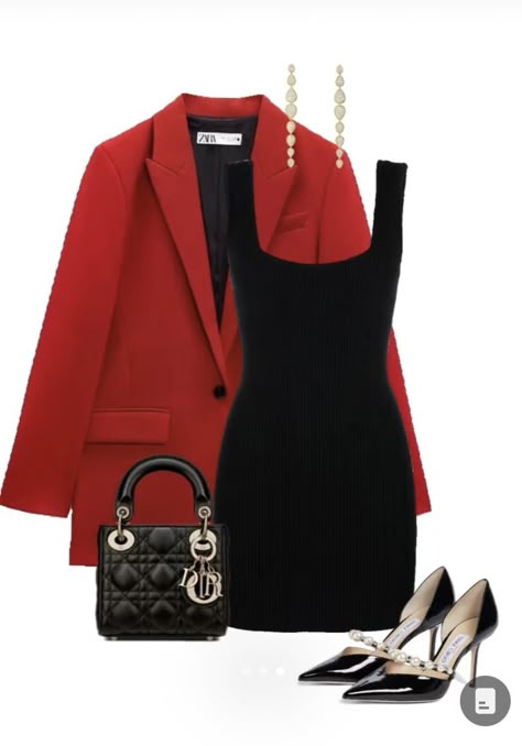 Midi Red Dress Outfit, Black And Red Outfit Classy, Black And Red Dress, Boujee Outfits, Clueless Outfits, Glam Outfit, Dress Sets, Red Blazer, Glam Dresses