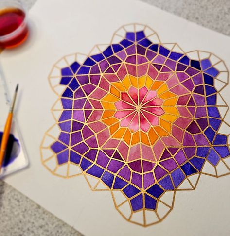 Samira Mian | Islamic Geometry | England How To Draw Islamic Geometry, Sacred Geometry Watercolor, Islamic Geometric Pattern Design, Islamic Patterns Geometric, Sacred Geometry Art Mandalas, Geometry Art Design, Geometry Drawing, Islamic Geometric Art, Kids Art Space