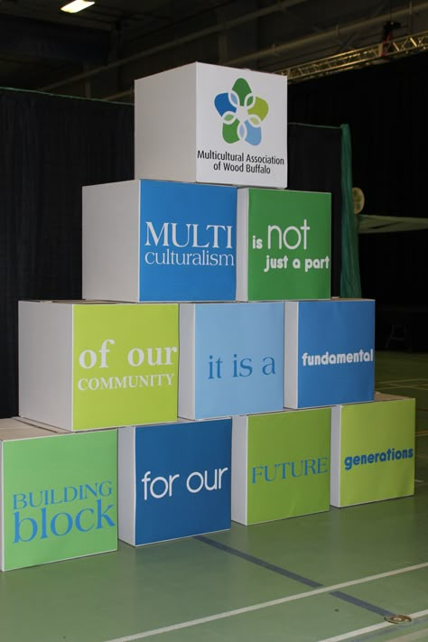 To create an eye catching entrance on a limited budget we created these 'building blocks' with a special message from the non profit to set the tone for the event Non Profit Booth Ideas, Conference Decorations Events Ideas, Conference Entrance Design, Corporate Decor Events, Business Conference Decor, Corporate Event Decor Entrance, Corporate Event Stage Design Ideas, Burlesque Party Decorations, Event Entrance Decor