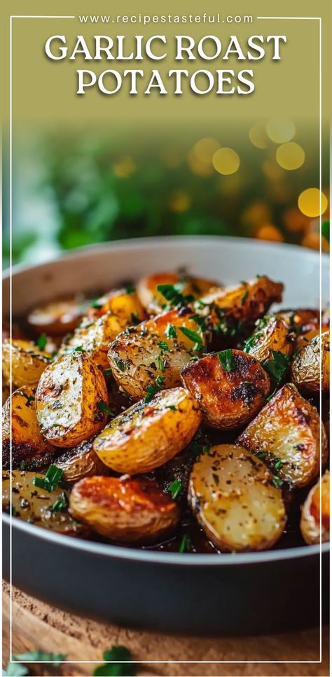 These Garlic Roast Potatoes are crispy, golden, and loaded with garlicky flavor—perfect for Thanksgiving or any occasion. With a fluffy interior and crunchy exterior, they’re a side dish everyone will love. Clean Potato Recipes, Garlic Rosemary Roasted Potatoes, Garlic Roasted Idaho Potatoes, Roast Russet Potatoes, Roast Potato Seasoning, Potato Garlic Recipes, Easy Golden Potato Recipes, Recipes For Golden Potatoes, Little Golden Potato Recipes