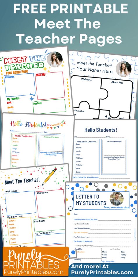 Free Meet The Teacher Printables And Editable Templates - Purely Printables- Free Printables Website Parents Teacher Meeting Quotes, Meet The Teacher Template Editable Free, Free Meet The Teacher Template, Get To Know Teacher, Free Back To School Printables, Teacher Introduction, Free Holiday Printables, First Day Of School Signs, Parent Teacher Meeting