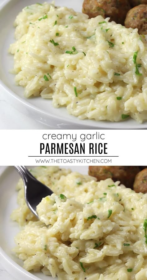 Garlic parmesan rice recipe by The Toasty Kitchen. Garlic parmesan rice is a simple side dish that turns out perfectly creamy and cheesy. This family-friendly side pairs well with many main courses, like chicken, steak, and pork chops. #garlicparmesanrice #cheesyrice #garlicrice #sidedish #ricesidedish #recipe Instant Pot Rice Side Dish, Budget Friendly Side Dishes, Creamy White Rice, Buttery Rice Recipes, Lunch Main Course Ideas, Fun Rice Recipes, Rice Side Dish Recipes For Pork, Easy Simple Dinner Recipes For Family, Yummy Side Dishes For Dinner