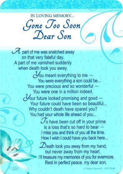 Graveside Memorial Tribute Remembrance Card- Gone Too Soon Dear Son ...