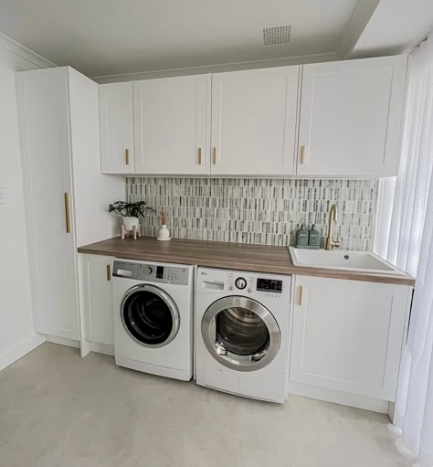 Laundry Renovation Ideas, Tiled Splashback, Laundry Bathroom Combo, Timber Benchtop, Cabinets Laundry Room, Laundry Cupboard, Laundry Renovation, Laundry Reno, Laundry Makeover