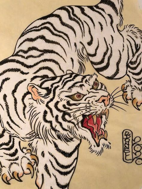 White Tiger Japanese Art, White Tiger Back Tattoo, Tradition Japanese Art, Japanese Tiger Tattoo Back, Japanese Print Art, Tiger Pattern Tattoo, Abstract Tiger Art, Snarling Tiger Tattoo, White Tiger Art Illustration