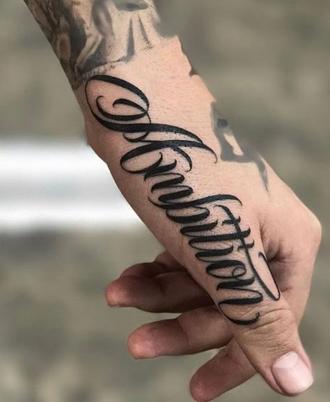 Lettering Letter Tattoos On Hand, Ambition Tattoo, Herren Hand Tattoos, Side Hand Tattoos, Tattoo Lettering Styles, 4 Tattoo, Omerta Tattoo, Lettering Tattoo, Tattoo Lettering Fonts