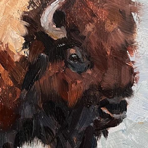 Madelynn Mutter on Instagram: "Mini Bison series dropping in spring 🦬 One of my goals with my mini series this year is to paint them all in one sitting with a limited palette. So forcing myself to use different blues, yellows & reds to create different feels & making my brush do the work. Mini Bison 2, 5x5 oil on wood ••• #painting #oilpainting #painter #oilpainting #oilonwood #oilpainters #paintings #buffalo #artistreels #artreels #paintingreels #oilpaintingart #miniart #madelynnmutter #westernart #westernartist #cowboy #ranchlife #ranchartist" Buffalo Oil Painting, Abstract Buffalo Painting, Bison Reference, Bison Painting, Buffalo Pictures, Bison Photography, Buffalo Painting, Abstract Artwork Painting, Buffalo Animal