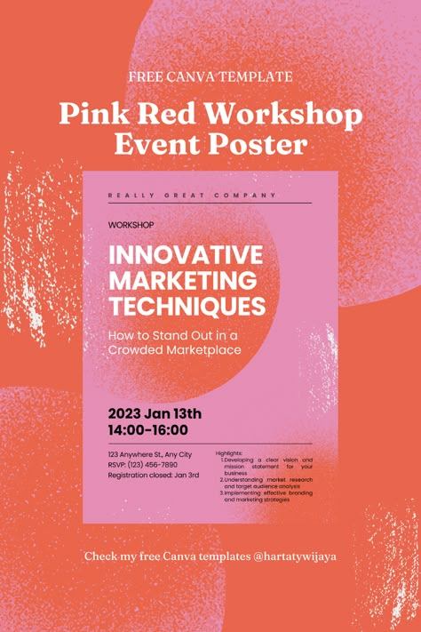 Free Canva Template - Pink Red Workshop Event Poster Workshop Flyer Design Event Posters, Communication Poster Design, Design Workshop Poster, Workshop Poster Design Ideas, Announcement Poster Design Ideas, Workshop Design Poster, Simple Event Poster, Event Announcement Poster Design, Seminar Poster Design Events