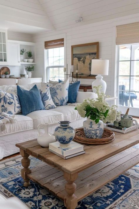 ￼ Blue Farmhouse Interior, Blue And Cream Living Room, Farmhouse On A Budget, Florida House Decor, Ideas Decoracion Salon, Cream Living Rooms, Blue And White Living Room, Blue And White Decor, Coastal Living Rooms