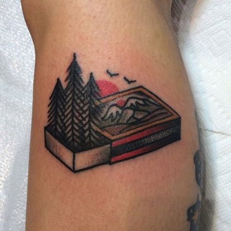 21 Awesome Camping Tattoos For People Who Love Sleeping Under The Stars - Mpora Traditional Pine Tree Tattoo, Camping Tattoos For Men, Traditional Nature Tattoo, Natur Tattoo Arm, Wilderness Tattoo, Outdoor Tattoo, Camping Tattoo, Mother Nature Tattoos, Nature Tattoo Sleeve