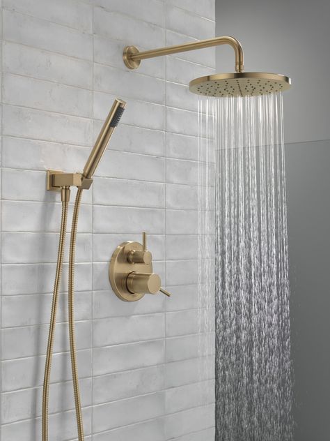 Champagne Faucet Bathroom, Gold Shower Fixtures Master Bath, Shower Fixtures And Hardware Ideas, Champagne Bathroom Fixtures, Champagne Gold Bathroom Fixtures, Bathroom Shower Head Ideas, Brushed Bronze Bathroom Fixtures, Mixed Metal Bathroom Fixtures, Shower Faucet Ideas