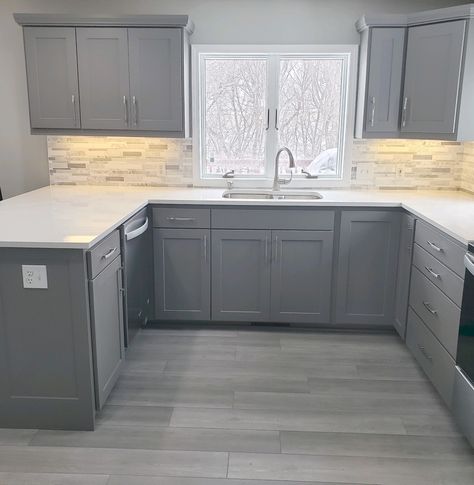 Modern Farmhouse Kitchens With Gray Floors, Gray On Gray Kitchen, Grey Walls With Grey Cabinets, Gray Walls Gray Cabinets, Kitchen White And Gray Cabinets, Simple Kitchen Remodel Modern, Behr Grey Kitchen Cabinets, Gray Kitchen Cabinets With Gray Floors, White Counters Grey Cabinets