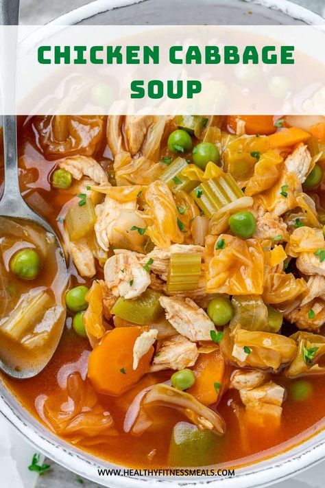 If you are looking for a vegetable soup recipe with cabbage this chicken cabbage soup is right up your alley. It is so delicious, hearty, and filling. Loaded with chicken and vegetables, this chicken cabbage soup recipe is full of flavor and so easy to make.  #chickensoup #soup #cabbagesoup via @healthyfitnessmeals Chicken Vegetable Soup With Cabbage, Chicken Cabbage Soup Instant Pot, Chicken Soup With Cabbage Recipes, Chicken And Cabbage Recipes Crock Pots, Cabbage Soup Using Cole Slaw, Chicken Soup With Vegetables, Cabbage Chicken Soup Recipes, Chicken And Root Vegetable Soup, Ground Chicken Cabbage Soup