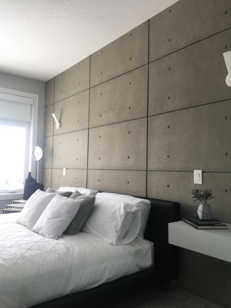 Concrete Bedroom Wall, Fake Concrete Wall, Concrete Wall Bedroom, Panels In Bedroom, 2023 Homes, Industrial Concrete Wall, Concrete Panels Interior, Concrete Wall Finish, Concrete Interior Wall