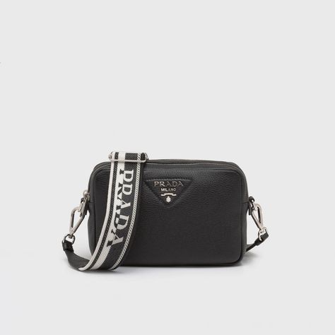 Black Leather bag with shoulder strap | Prada Tape Shoulder, Cute Online Clothing Stores, Prada Purses, Latest Clothing Trends, Camera Bags, Prada Crossbody, Prada Leather, Prada Bags, Designer Crossbody Bags