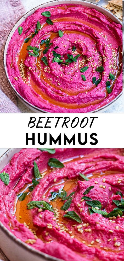 As simple as it sounds, #beetroot #hummus or #pink hummus is your classic hummus with the addition of a vibrant and delicious ingredient: Beetroot.To make Beetroot dip you will need to bake fresh beetroots, as oven-baked beetroots work the best for this recipe Beetroot Hummus Recipe, Beet Hummus Recipe, Classic Hummus Recipe, Roasted Beet Hummus, Beetroot Hummus, Cooking Beets, Beetroot Recipes, Hummus Ingredients, Hummus Recipe Homemade