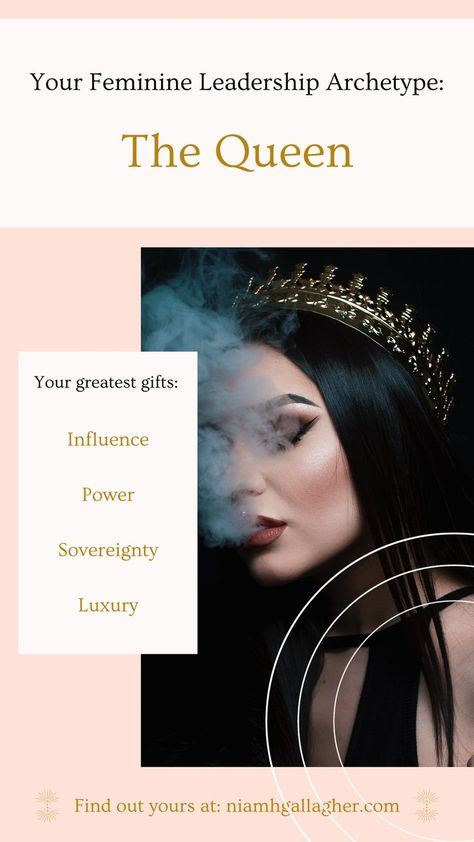 A picture of a dark-haired woman with a Queen on her head who appears to be blowing smoke from her mouth. Your Feminine Leadership Archetype is The Queen. Your greatest gifts are Influence, Power, Sovereignty and Luxury. Feminine Leadership, Feminine Archetypes, Ideal Client, Brand Style, Personality Types, Feminine Energy, Business Branding, Business Women, Leadership