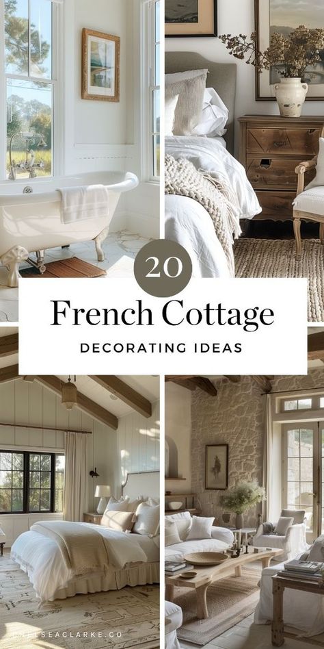 The modern French country cottage interior design style is very popular, for good reason! It's a style that is elegant without being fussy. French cottage decor is cozy, inviting and nostalgic. It's like stepping into a classic film. In this Ultimate Guide To French Cottage Decor, you'll discover how to bring the French countryside into your home. French Country Bedroom With Iron Bed, French Creole Homes Interior Design, French Country Cottage Farmhouse, Fresh Country Decor, Guest Room French Country, French Country Design Living Room, French Country Tiny House Cottage Style, French Cottage Tiny House, Nordic French Interior Design