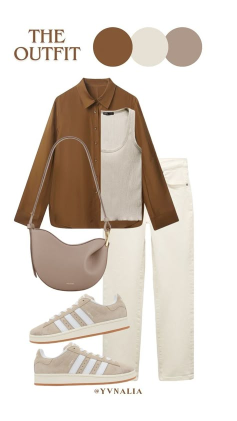 Sand Color Outfit, Beige And Brown Outfit Ideas, Brown Outfit Summer, School Outfits University, Brown And Beige Outfit, White And Brown Outfit, Preppy Back To School Outfits, Brown Outfit Ideas, University Outfits