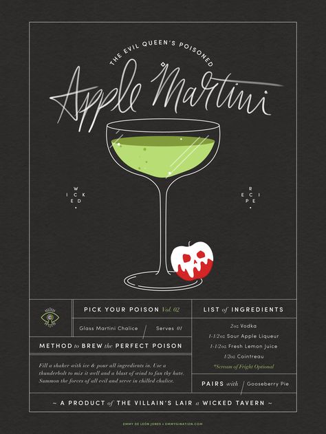 Sour Apple Martini, Apple Martini Recipe, Disney Inspired Cocktails, Disney Cocktails, Poisoned Apple, Disney Drinks, Apple Martini, Birthday Cocktails, Drink Recipe Book