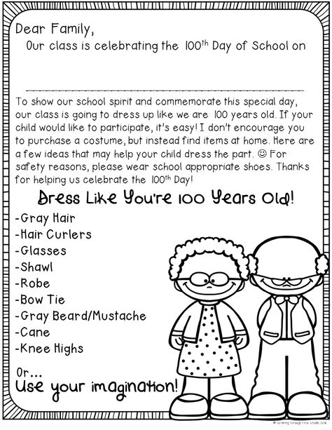 100th Day of School writing. Dress like you're 100 years old family letter. 100th Day Ideas, 100 Días De Clases, 100 Day Activities, 100th Day Of School Ideas, 100th Day Activities, 100th Day Of School Activities, 100th Day Of School Crafts, 100s Day, Kindergarten February