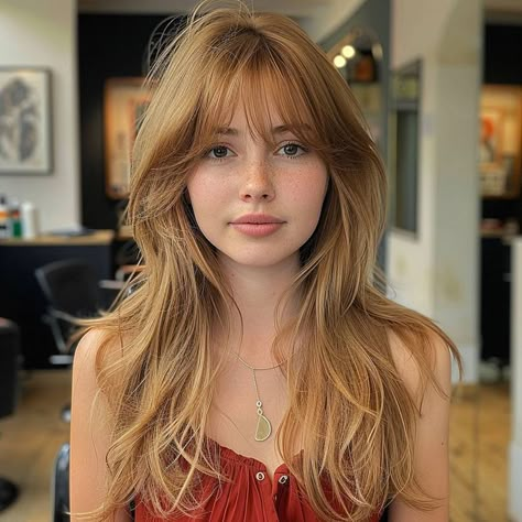 Stylish long layered haircut with fringe, softening features and adding a touch of whimsy Layers Fringe, Layered Hair With Fringe Bangs, Hairstyle Layer, Layered Hair Long With Bangs, Fringe Hairstyles Long Face, 70s Hairstyles Bangs, Cool Haircuts For Women Long, Long Hair With Bangs Wavy, Long Bangs Layered Hair