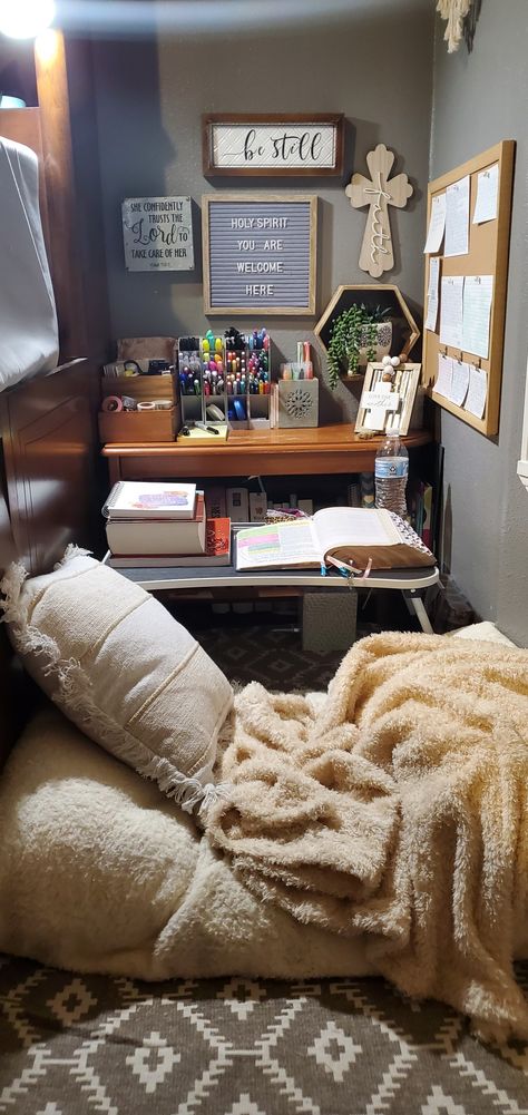 The rug, pillow, blanket, octogon shelf, and letter board are all from Five Below, pen holders are from Dollar Tree, faith cross is from Dollar General, beaded garland is from Hobby Lobby, and everything else came from random places. Bible Reading Corner, College Dorm Room Ideas Christian, Pray Corner Ideas Christian, Praying Corner At Home, Pray Corner Ideas Islam, Bible Study Desk, Prayer Room Ideas Decor Christian, Prayer Closet Ideas Spaces, Christian Room Ideas