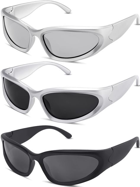 PRICES MAY VARY. What's Included: 3 pieces wrap around sunglasses for you to get, a great value set to meet daily outfit, protect your eyes from UV, wind, and dust A high fashion accessory for daily wear. Ideal for driving, cycling, running, shopping, taking photos, fishing, golfing, and other outdoor activities UV400 Protection: Our wrap around sport sun glasses offer UV protection while ensuring the clear & natural sight Unique Look: The trendy eyeglasses give a strong personal style to show y Futuristic Glasses, Y2k Futuristic, Rave Glasses, Wrap Around Sunglasses, Glasses Outfit, Futuristic Sunglasses, Sunglasses Silver, High Fashion Accessories, Trendy Mens Fashion